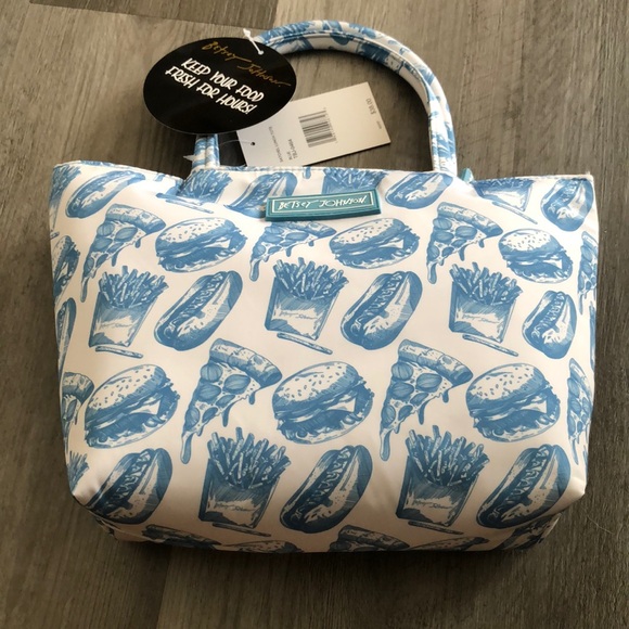 Betsey Johnson Insulated Satchel Lunch Tote White & Blue Fast Food Print NWT - Picture 5 of 16